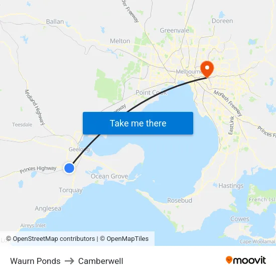 Waurn Ponds to Camberwell map