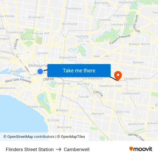 Flinders Street Station to Camberwell map