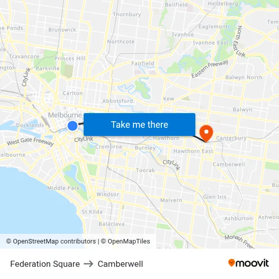 Federation Square to Camberwell map