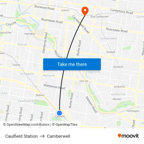 Caulfield Station to Camberwell map