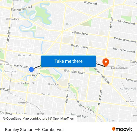 Burnley Station to Camberwell map