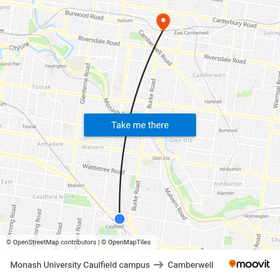 Monash University Caulfield campus to Camberwell map