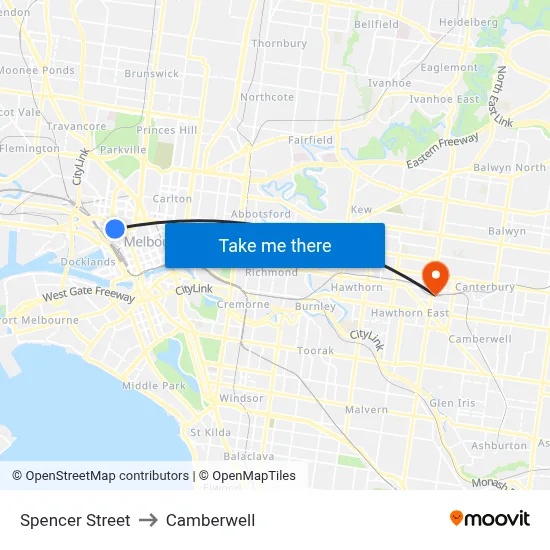 Spencer Street to Camberwell map