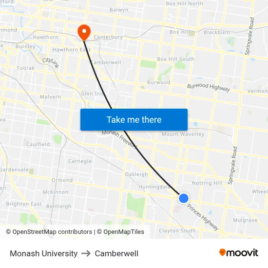 Monash University to Camberwell map