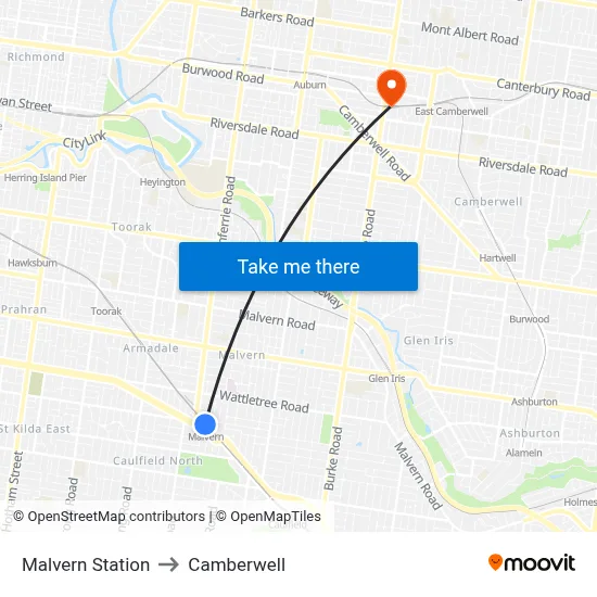Malvern Station to Camberwell map