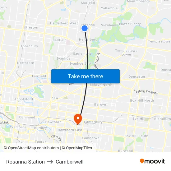 Rosanna Station to Camberwell map