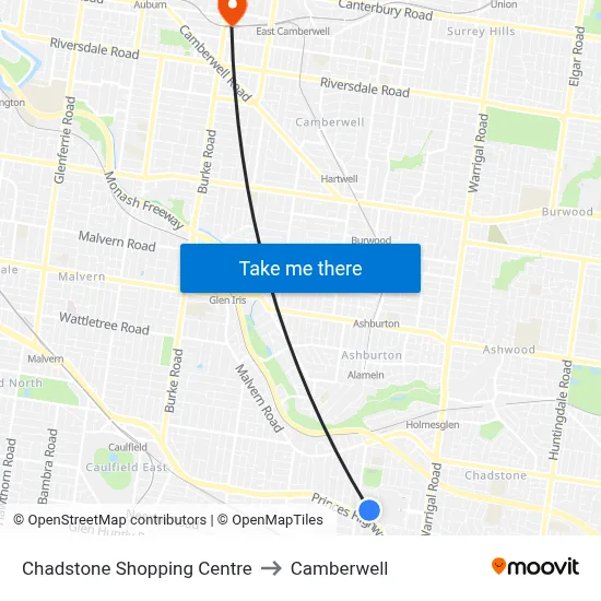 Chadstone Shopping Centre to Camberwell map
