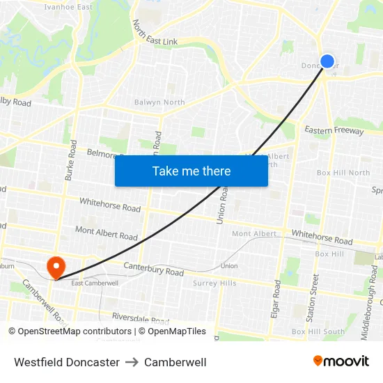 Westfield Doncaster to Camberwell map