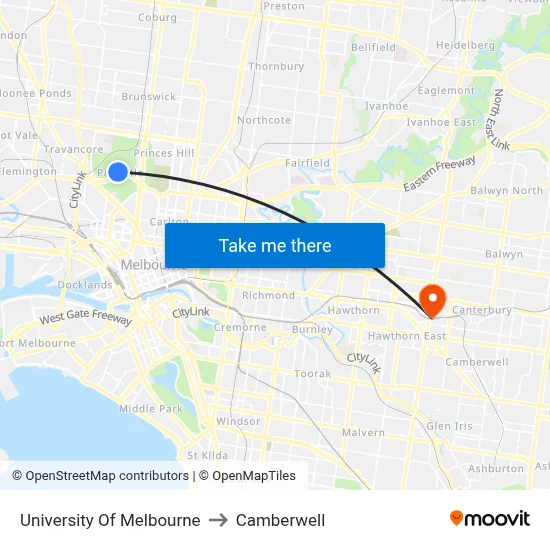 University Of Melbourne to Camberwell map