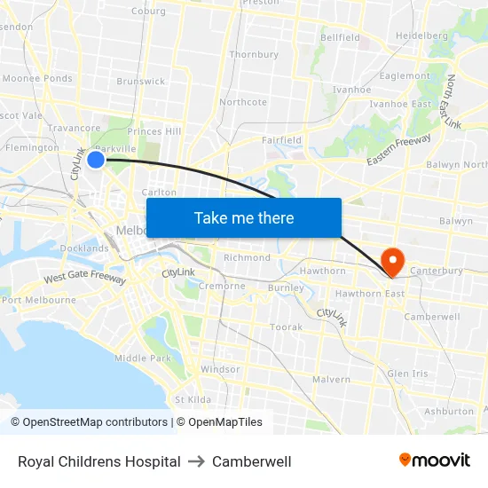 Royal Childrens Hospital to Camberwell map