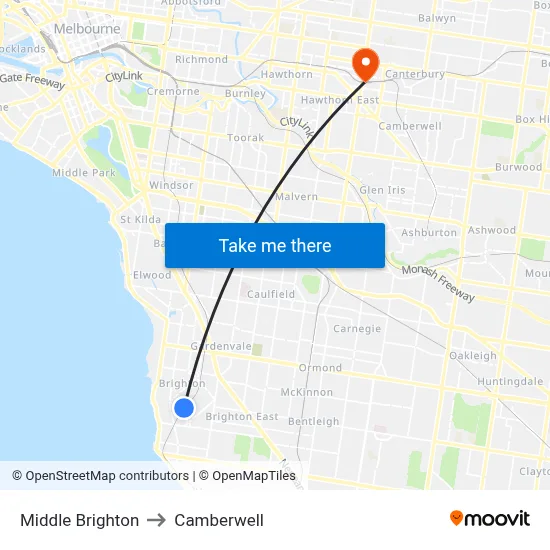 Middle Brighton to Camberwell map