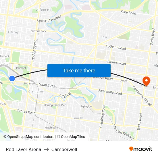 Rod Laver Arena to Camberwell map