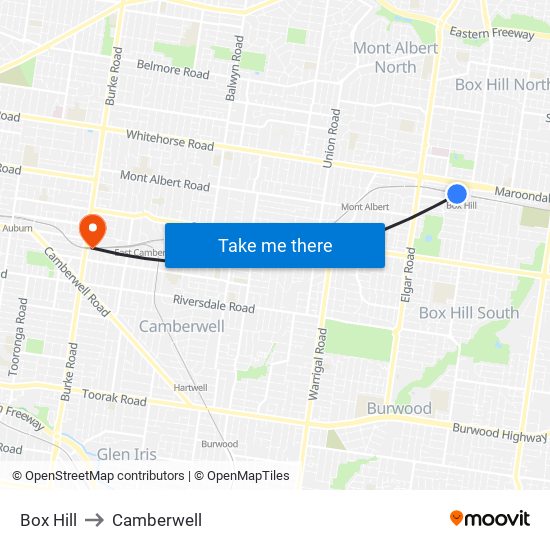 Box Hill to Camberwell map