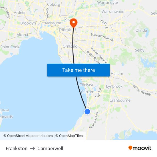 Frankston to Camberwell map