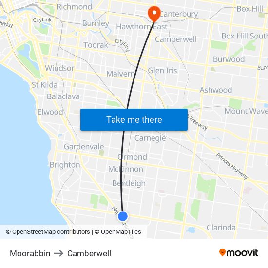 Moorabbin to Camberwell map