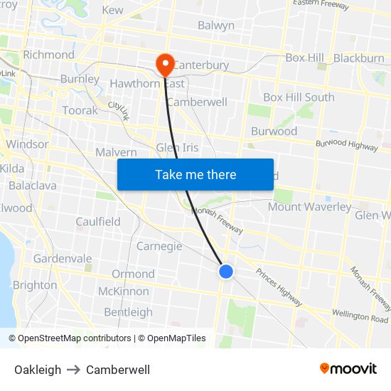 Oakleigh to Camberwell map