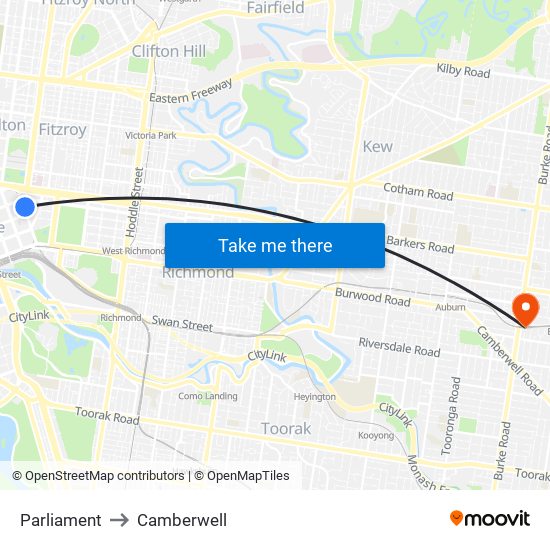 Parliament to Camberwell map