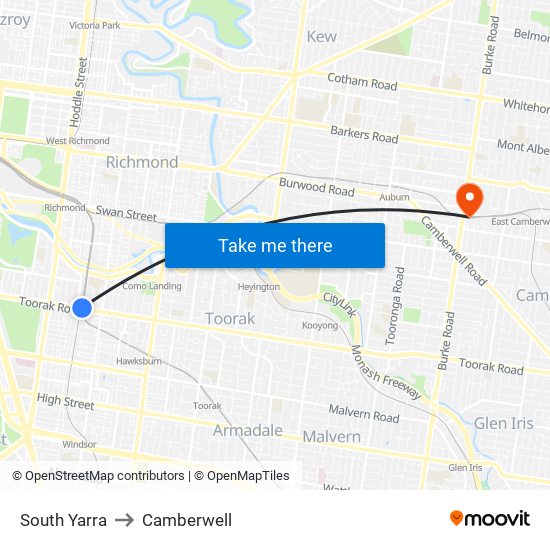 South Yarra to Camberwell map