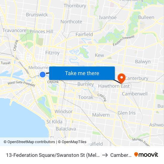 13-Federation Square/Swanston St (Melbourne City) to Camberwell map