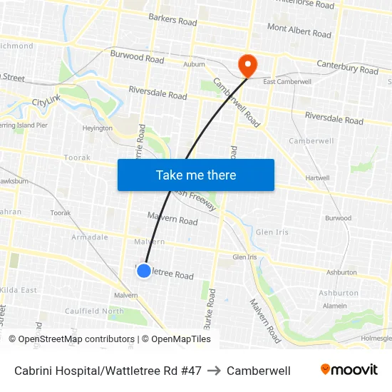 Cabrini Hospital/Wattletree Rd #47 to Camberwell map