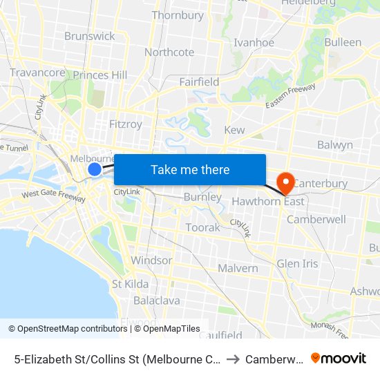 5-Elizabeth St/Collins St (Melbourne City) to Camberwell map