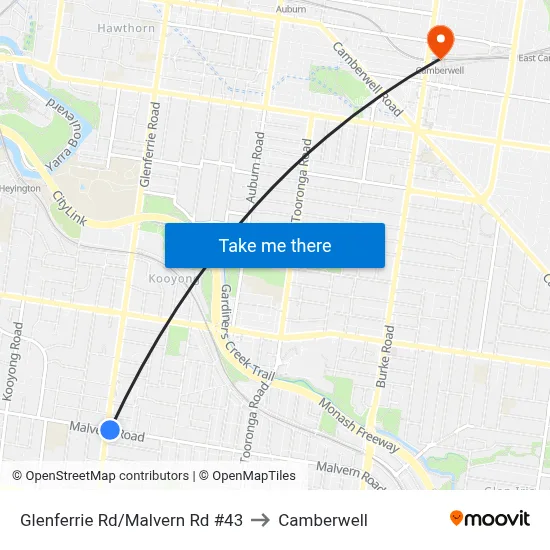 Glenferrie Rd/Malvern Rd #43 to Camberwell map