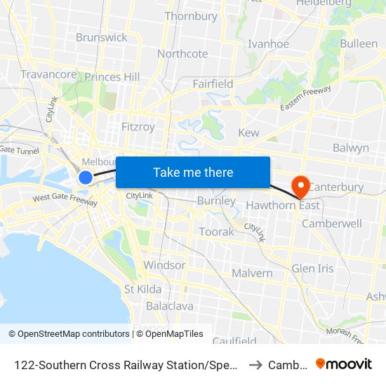 122-Southern Cross Railway Station/Spencer St (Melbourne City) to Camberwell map
