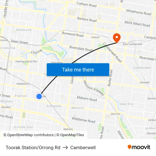Toorak Station/Orrong Rd to Camberwell map