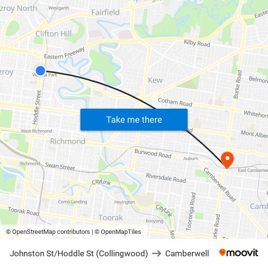 Johnston St/Hoddle St (Collingwood) to Camberwell map