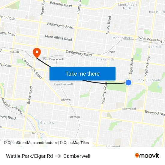 Wattle Park/Elgar Rd to Camberwell map