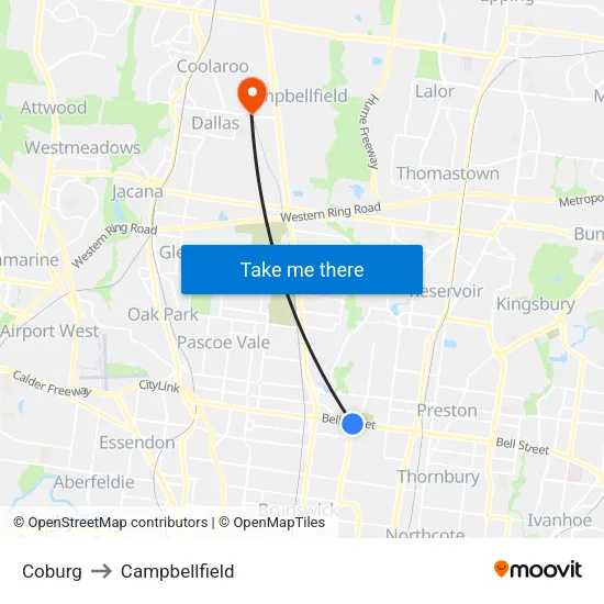 Coburg to Campbellfield map
