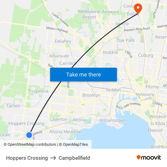 Hoppers Crossing to Campbellfield map