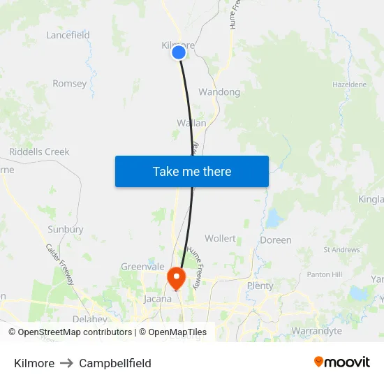 Kilmore to Campbellfield map