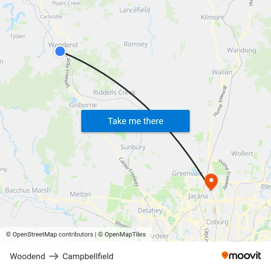 Woodend to Campbellfield map