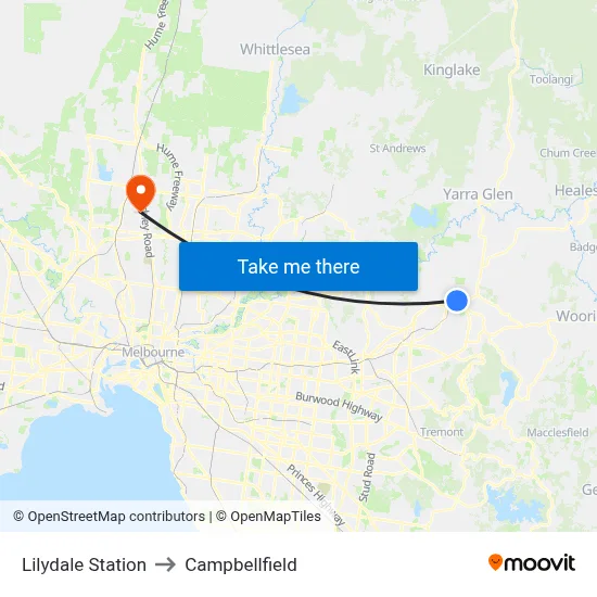 Lilydale Station to Campbellfield map