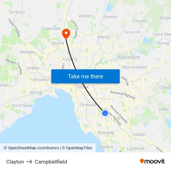 Clayton to Campbellfield map
