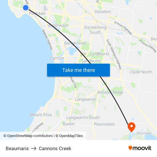 Beaumaris to Cannons Creek map