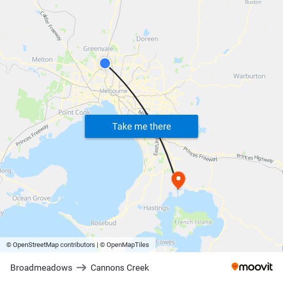 Broadmeadows to Cannons Creek map