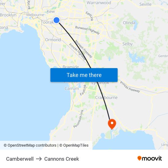 Camberwell to Cannons Creek map