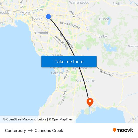 Canterbury to Cannons Creek map