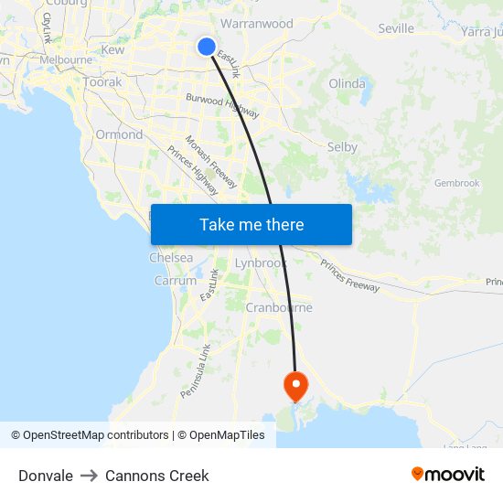 Donvale to Cannons Creek map