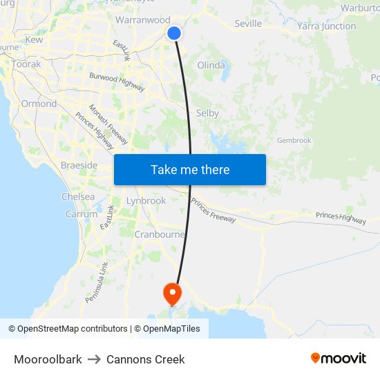 Mooroolbark to Cannons Creek map