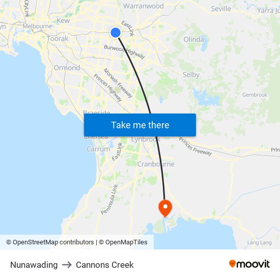 Nunawading to Cannons Creek map