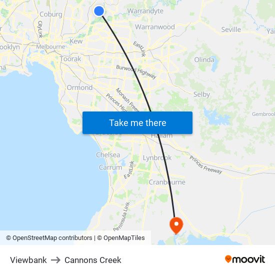 Viewbank to Cannons Creek map