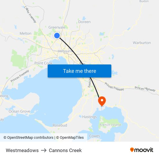 Westmeadows to Cannons Creek map