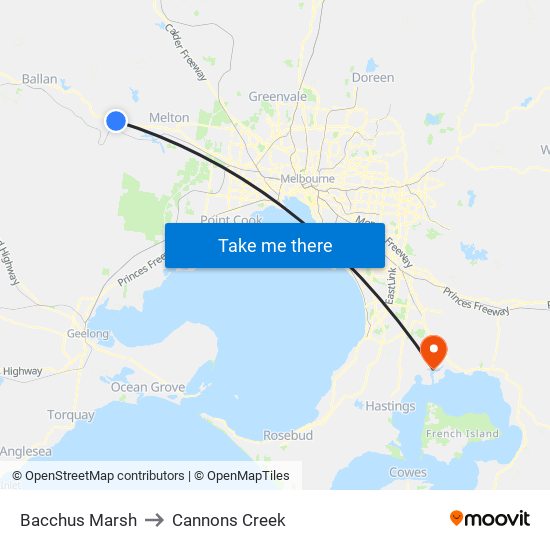 Bacchus Marsh to Cannons Creek map