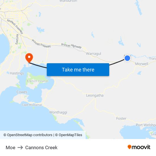 Moe to Cannons Creek map