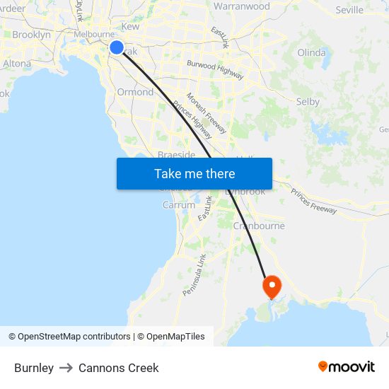 Burnley to Cannons Creek map