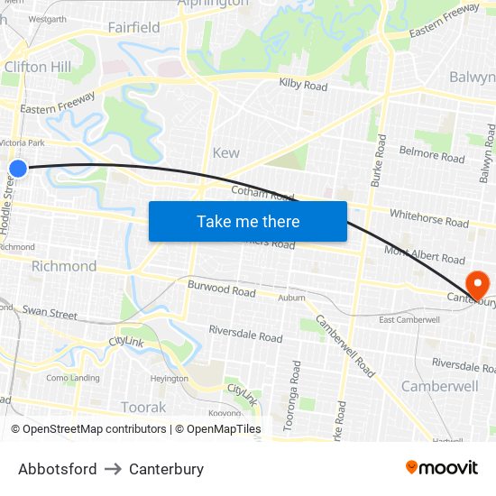 Abbotsford to Canterbury map