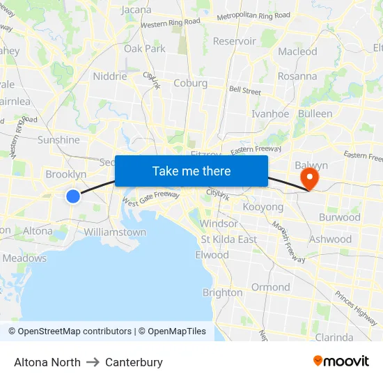 Altona North to Canterbury map